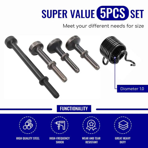 Pro Grade Smoothing Air Hammer Bits Kit - 5 Pc Pneumatic Chisel Set, 0.401 In Shank, Extended Length, Alloy Steel Construction