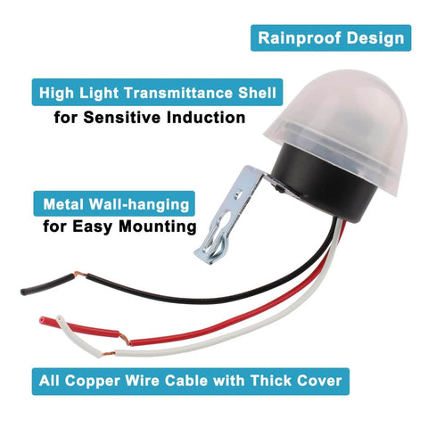 Auto On Off Photocell Night Light Switch Photosensor for Indoor or Outdoor Lighting, AC DC 12V 10A, pure copper wires, rainproof