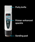 No Sweat Wall Patch Tube, High Strength Spackle With Built-In Applicator Wand, showing putty knife and sanding pad.