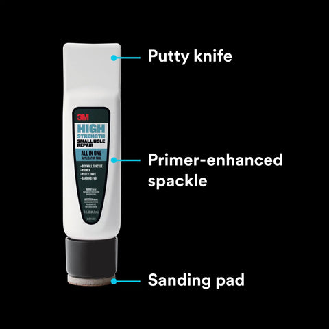 No Sweat Wall Patch Tube, High Strength Spackle With Built-In Applicator Wand, showing putty knife and sanding pad.
