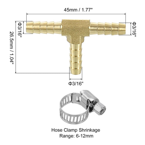 Heavy Duty Brass Tee Barbed Fittings Three Way Connector Three Sixteenth Inch Hose Reducer With Clamps size details