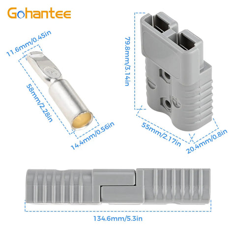 Premium 175A Battery Cable Connector For 1/0 To 4 Gauge Wire, showing detailed dimensions of plugs and terminals.