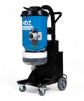 HD2 Two Motor HEPA Dust Collector With Reverse Air Jet Pulse Filter Cleaning System And Hella Powerful Dual Motors For Crushing Sawdust In Your Favorite Workshop Or Weekend Garage Built Solid As Nails In The Usa with blue container and cart.
