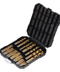 99 Piece Extra Heavy Duty Drill Bit Set For Steel Wood Metal Copper Aluminum With Rugged Storage Case; open case with drill bits.