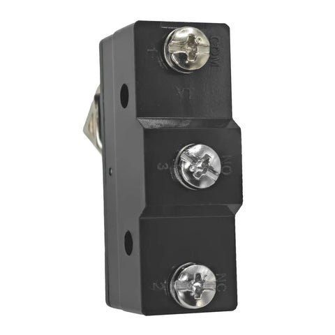 Close-up of Heavy Duty Plunger Micro Switch For Car Lifts, 25A SPDT Limit Switch, OEM Replacement For Honeywell BE2RQ1A4, black casing, screws.