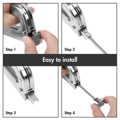 Installation steps for Heavy Duty Staple Gun For Upholstery Woodworking DIY And Pro Projects Manual Stapler in chrome steel.