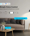 Front view of wall decal illustrating simple voice control for Alexa and Google in a living room.