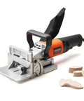 Top Shelf Biscuit Plate Joiner Boasting A 760W Motor Hitting 11600 Rpm For Knockout Joints with biscuit pieces displayed.