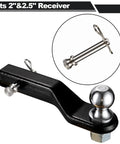 Stainless Steel Trailer Hitch Pin And Clip Five Eighths Inch Diameter Fits Two Inch And Two And A Half Inch Receivers Rust Resistant Heavy Duty Replacement For Your Trailer Hitch One Pack Compact For Easy Storage shown beside a hitch assembly