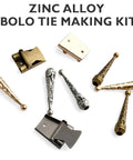 DIY Bolo Tie Making Kit With 3 Braided Leather Cords, 6 Alloy Cord Ends, 3 Iron Bolo Tie Slides, And 3 Classic Color Cords In Black, Gold, And Antique Copper For Crafting Custom Fits From Formal To Casual. Zinc alloy bolo tie making kit parts on white background