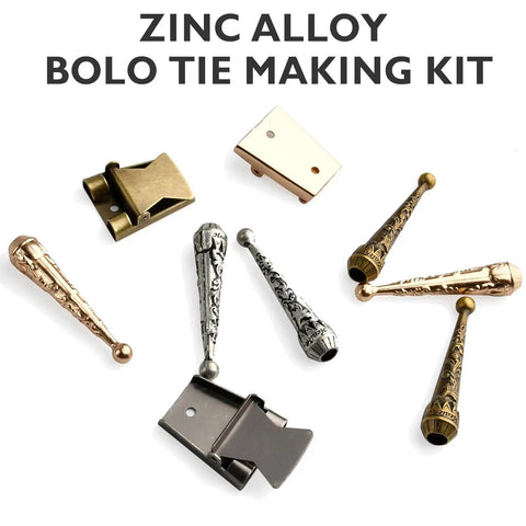 DIY Bolo Tie Making Kit With 3 Braided Leather Cords, 6 Alloy Cord Ends, 3 Iron Bolo Tie Slides, And 3 Classic Color Cords In Black, Gold, And Antique Copper For Crafting Custom Fits From Formal To Casual. Zinc alloy bolo tie making kit parts on white background