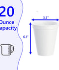 No Nonsense Heavy Duty 20 Oz Styrofoam Cups 25 Pack Disposable Foam Beverage Containers Insulated White coffee mug with dimensions.