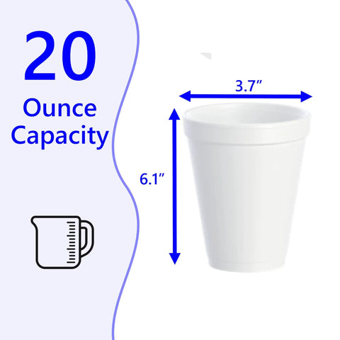 No Nonsense Heavy Duty 20 Oz Styrofoam Cups 25 Pack Disposable Foam Beverage Containers Insulated White coffee mug with dimensions.