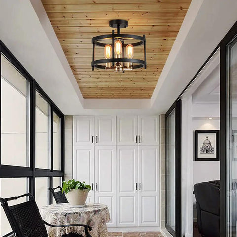 Farmhouse 3 Light Semi Flush Mount Ceiling Light Fixture in Matte Black and Gold Finish with Openwork Circle Frame for Living Room Entryway Kitchen