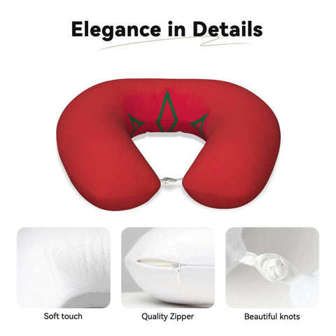 Morocco Flag Print U Shaped Travel Pillow With Slow Rebound Memory Foam Core Cervical Neck Support For Napping On Planes Cars Trains Or At Home Office Super Cozy Soft Polyester Comfort For Travel Lovers showing design details and soft cover
