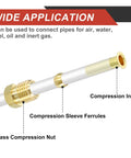 Brass 9mm tube compression fitting on white pipe showing nut, sleeve ferrules, and insert