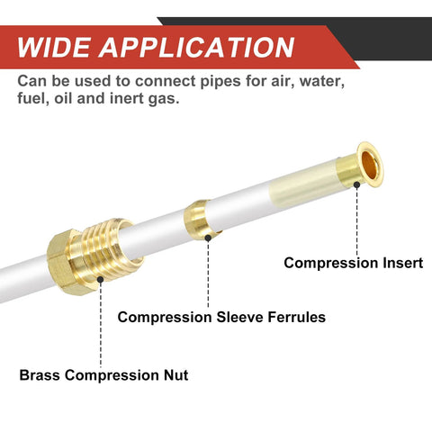 Brass 9mm tube compression fitting on white pipe showing nut, sleeve ferrules, and insert