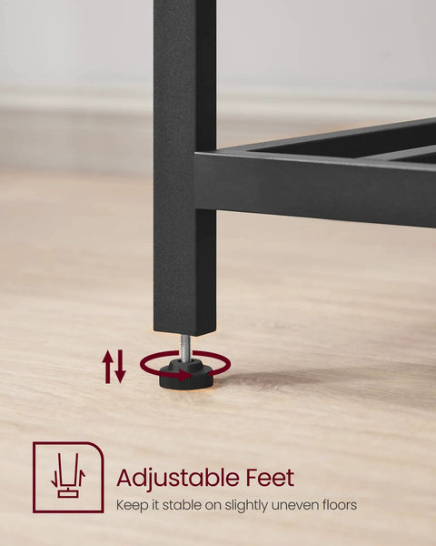Industrial Kitchen Island Featuring Three Tier Storage And Generous Worktop, adjustable feet for stability on uneven flooring.
