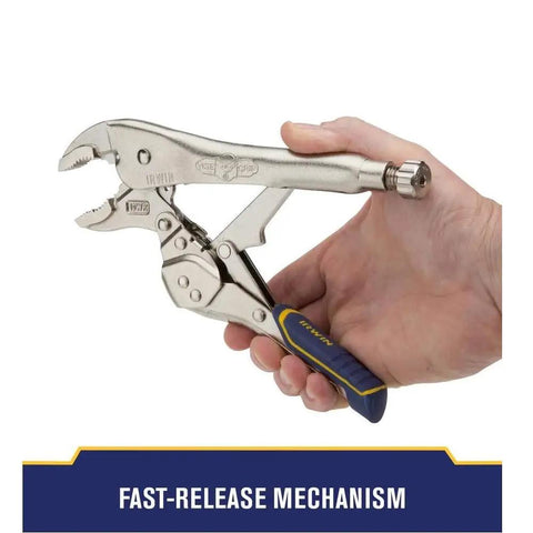 Image of a hand holding a nickel-plated Workhorse Locking Pliers And Linesman Pliers Combo Ten Inch And Six Inch With Reduced Hand Span