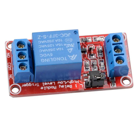 Close-up view of Four Pack 5V 1 Channel Relay Module Shield With Optocoupler for microcontrollers and home automation projects.