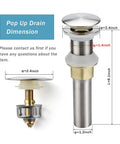 Stainless Steel Brushed Nickel Pop Up Sink Drain With Detachable Strainer Basket, Bathroom Sink Stopper Without Overflow dimensions