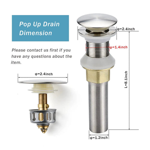 Stainless Steel Brushed Nickel Pop Up Sink Drain With Detachable Strainer Basket, Bathroom Sink Stopper Without Overflow dimensions