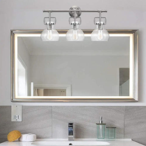 All In One Bathroom Vanity Set With A 3 Light Fixture, Towel Bar, Toilet Paper Holder, Towel Ring, And Robe Hook In Brushed Nickel With Clear Glass