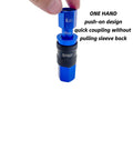 Rock Solid Aluminum Quarter Inch Air Hose Fittings And Air Compressor Quick Connect Fittings 15 Piece Air Coupler Plug Kit lightweight blue coupler displayed being connected.