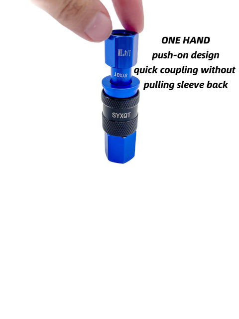 Rock Solid Aluminum Quarter Inch Air Hose Fittings And Air Compressor Quick Connect Fittings 15 Piece Air Coupler Plug Kit lightweight blue coupler displayed being connected.