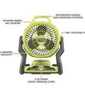 Front view of Ryobi 18V Cordless Hybrid Portable Fan Bundle With Seven And A Half Inch Blade 2.0 Ah Battery 18 Volt Charger