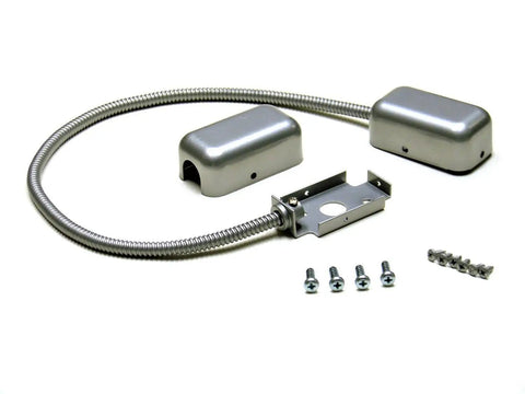 Armored Loop Power Transfer For Electrified Commercial Exit Doors 22 Inch Flexible Aluminum Conduit Kit With Endcaps And Screws, shown with fittings