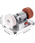 Powerful Mini Bench Grinder With 100W Brushless Motor Delivers Lightning Fast Six Thousand RPM Grinding Action Perfect For Precision Sharpening And Smoothing Wood Metal Blades In Small Workspaces Effortlessly on a silver base.
