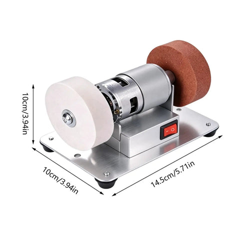 Powerful Mini Bench Grinder With 100W Brushless Motor Delivers Lightning Fast Six Thousand RPM Grinding Action Perfect For Precision Sharpening And Smoothing Wood Metal Blades In Small Workspaces Effortlessly on a silver base.