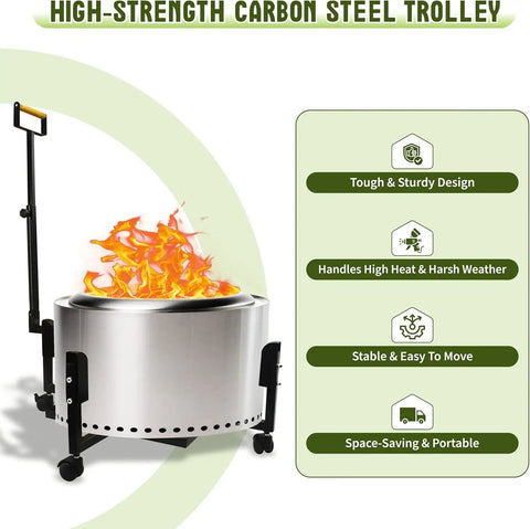Rolling Fire Pit Stand With Telescoping Handle And Wheels For 27 Inch Smokeless Pits 29.5 Inch Portable Easy Roll Mobile Cart Base Heavy Duty Outdoor Stand For Patio Deck Backyard And Camping shown with high-strength carbon steel design, flame illustration, and features list.