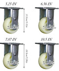 Heavy Duty Swivel Casters Replacement Pack Of Four Built Damn Tough With Thickened Nylon Wheels and Smooth Rolling Ball Bearings For Furniture Carts and Machinery Five Point Two Inch Diameter 800 Kg Load Capacity shown in four sizes.