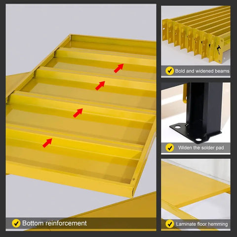 Rock Solid 4 Tier Storage Rack Heavy Duty Black Steel Welded Shelves Handles 400 Pounds Per Level Height Adjustable Boltless Construction showing yellow beams with bottom reinforcement.