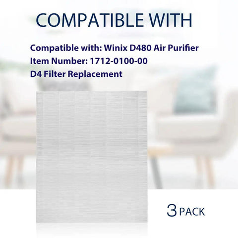 D480 Replacement Filter For Winix D480 Air Cleaner Purifier True HEPA Compatible D4 Filter 3 Pack displayed with compatibility info