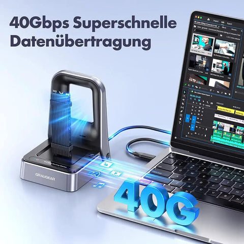 Badass M2 NVMe SSD Docking Station With USB4 40Gbps Transfer Speed Perfect For All PCIe Gen4 Drives And 2280 2230 2242 2260 22110 Formats Plug N Play For Your Rig Fast connected to laptop with glowing data transfer indicators.