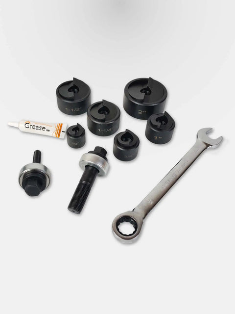 Manual Knockout Hole Punch Driver Kit For Conduit 1/2 Inch To 2 Inch Holes with punches, dies, wrench, and grease tube.