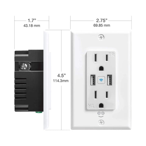 WiFi Smart Wall Outlet Two Pack With App Control, Plug And Play Setup, Works With Alexa And Google Home, dimensions shown