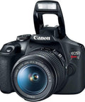 Rebel T7 DSLR Starter Kit With 24.1MP APS-C Sensor And Built-In Wi-Fi NFC 18-55mm Lens with open pop-up flash.