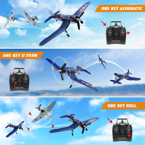 Brushless 4CH RC Plane F4U Corsair Stunt Model 500mm Wingspan With Gyro Stabilization RTF performing stunts in blue sky.