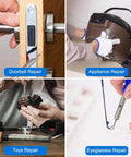 Four images showing the use of tools for repair: doorbell, appliance, toy, and eyeglasses repairs with hands using screwdrivers.