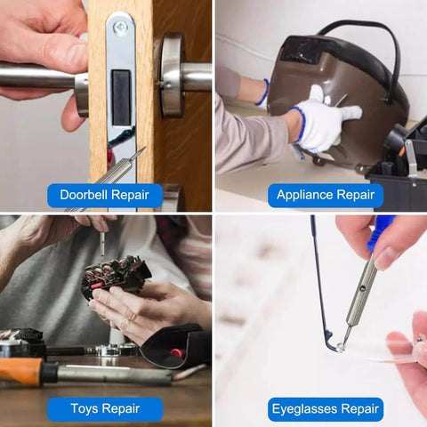 Four images showing the use of tools for repair: doorbell, appliance, toy, and eyeglasses repairs with hands using screwdrivers.
