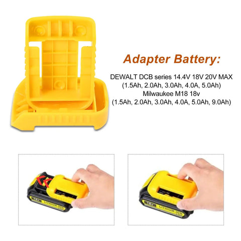 Yellow battery adapter for Dewalt 20V and Milwaukee M18 tool holder and battery mount kit with hands attaching battery.