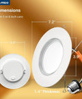 Amico 24 Pack 6 inch 5CCT LED Recessed Lighting with Night Light dimensions showing 7.2 inches and 1.4 inches thick.
