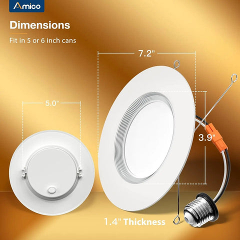 Amico 24 Pack 6 inch 5CCT LED Recessed Lighting with Night Light dimensions showing 7.2 inches and 1.4 inches thick.