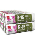 Pro Level Unfaced Fiberglass Batt Insulation R-15Rated BuiltFor HassleFree InstallInRegular 2x4FramesSpreadsAcross 15By93InchesCoats775SqFtDropInAsTenThickBagsForYourReno stacked rolls showing size and insulation type.