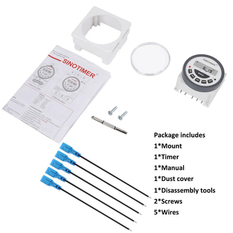 Contents of Digital 7 Day Programmable Timer Switch For 220V AC With LED Indicator And 18 On Off Per Day, 1NO 1NC Relay