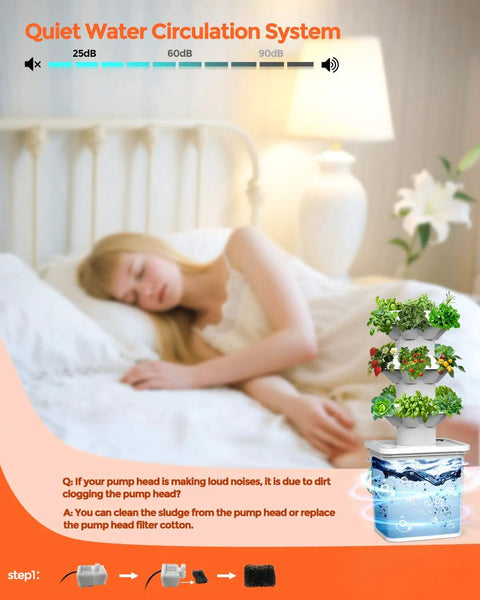 18 Plant Hydroponic Growing System Kit with Tower Indoor Garden next to sleeping person, demonstrating quiet operation.